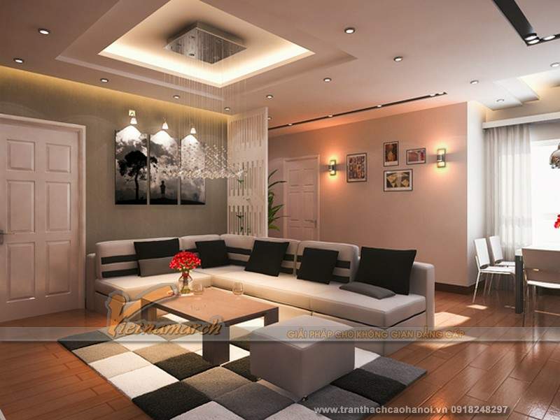 Phòng khách với trần nhà thạch cao sang trọng