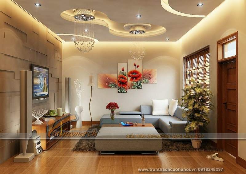 Phòng khách với đèn trần sang trọng