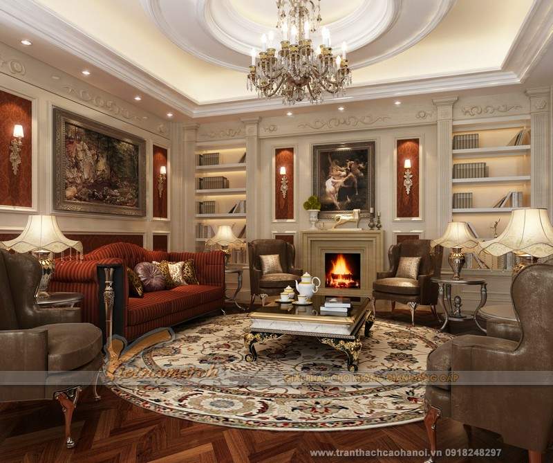 Phòng-khách-với-trần-thạch-cao-mang-phong-cách-cổ-điển-sang-trọng