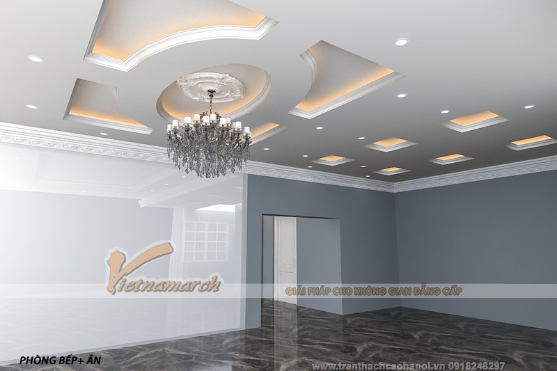 Hệ trần thạch cao đẹp khi có sự kết hợp đèn led, đèn hắt sáng và đèn chùm