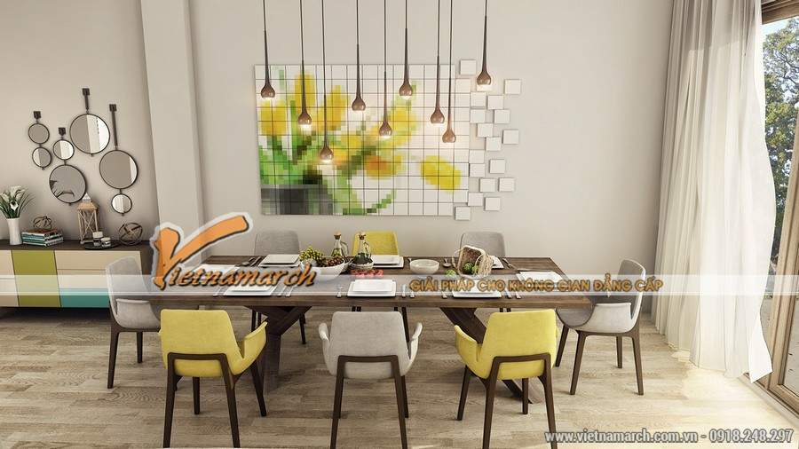 Phòng ăn lựa chọn đèn thả thiết kế độc đáo kết hợp với trần nhà thạch cao đơn giản