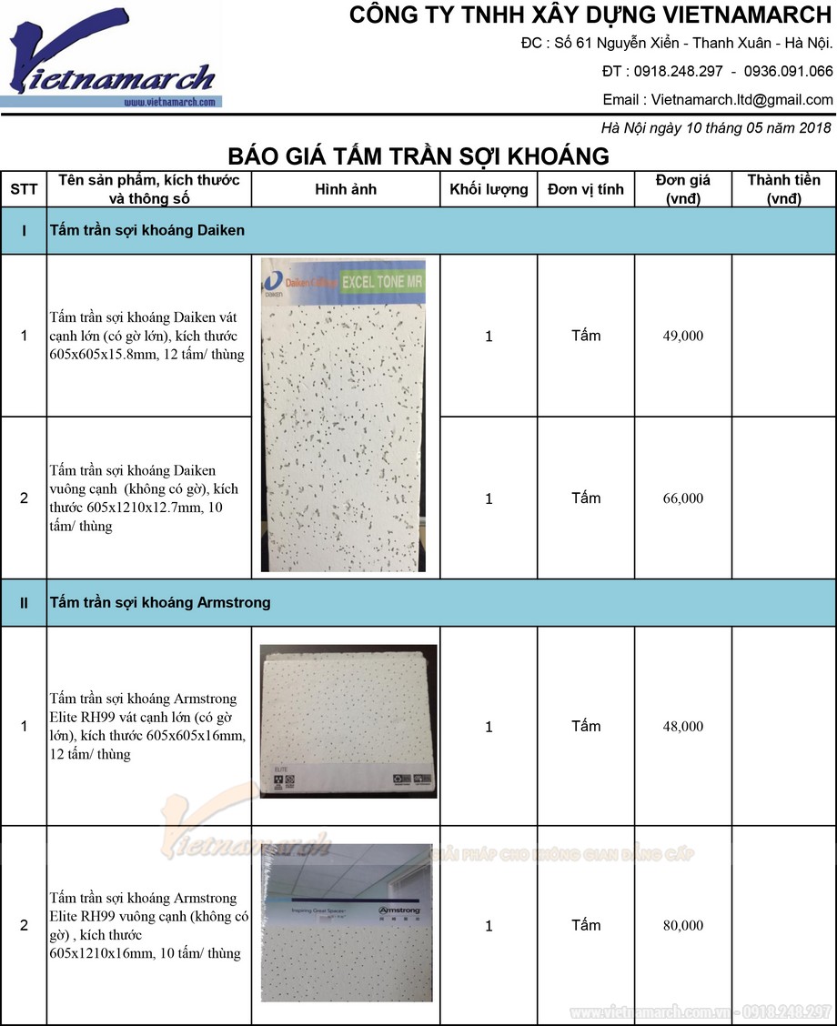 Bảng báo giá vật tư trần sợi khoáng 2018 