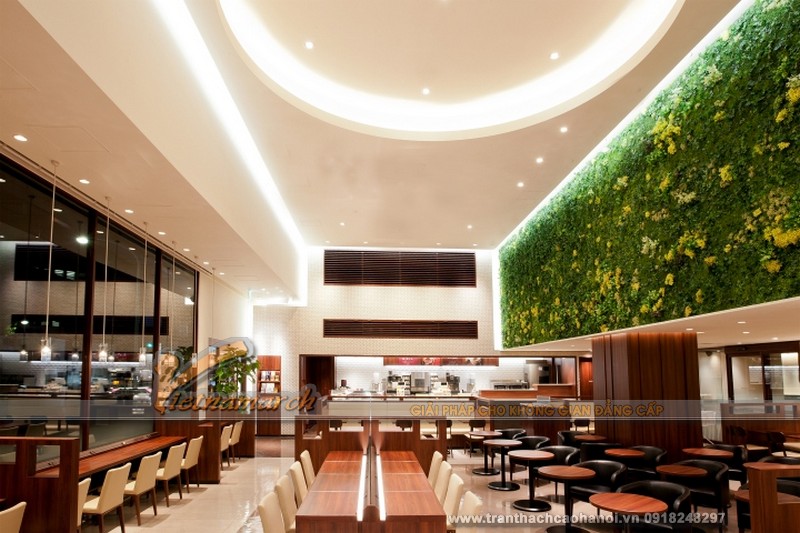 nội thất quán coffee ấn tượng với bức tường xanh khổng lồ